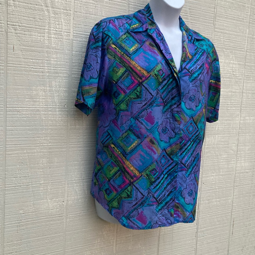 Size M Rare Vintage TRIBES Silk Multicolor Fly Front Blouse